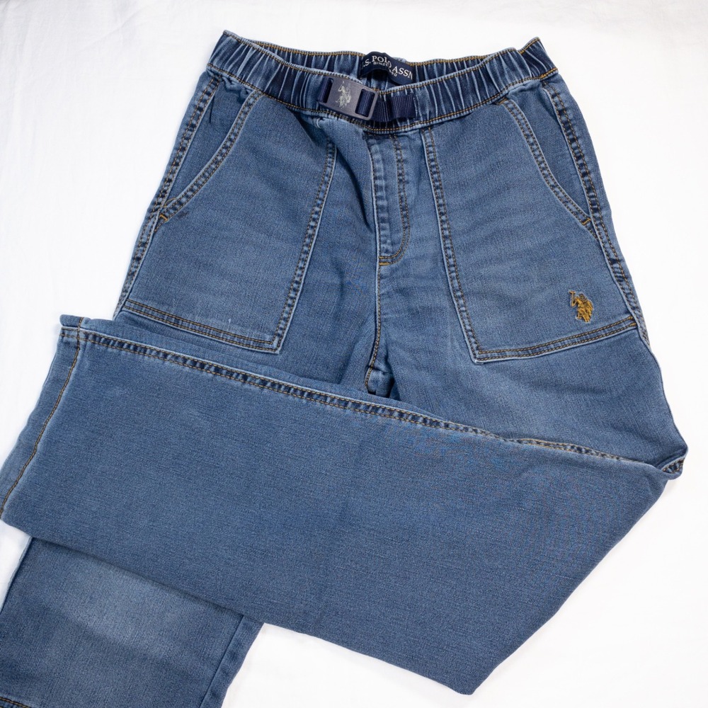 US Polo Assn Kids XL 14-16 Blue Denim Jeans Elastic Waist Belted Straight Leg